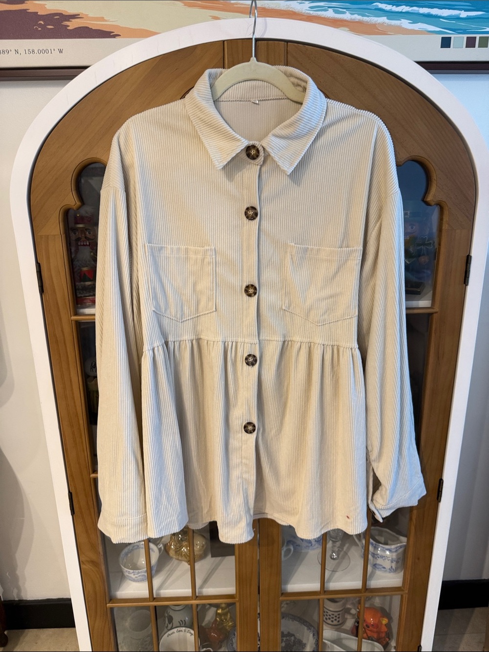 Women's Cream Button-Front Corduroy Light Weight Shacket